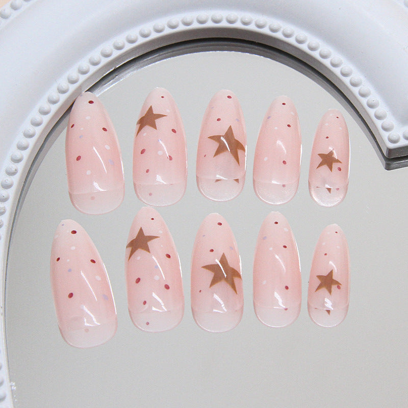 Celestial Dream Pink Medium Almond Shaped Press On Nails with Star Accents and Colorful Dots