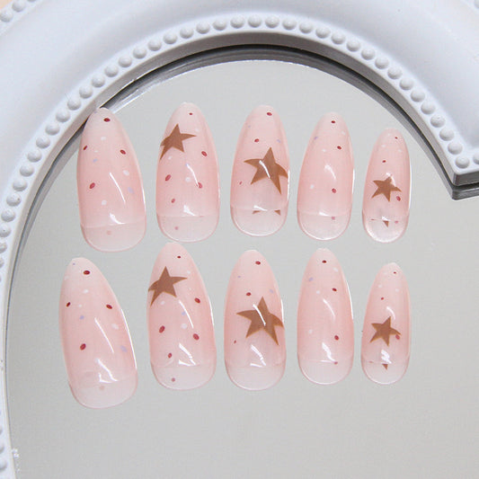 Celestial Dream Pink Medium Almond Shaped Press On Nails with Star Accents and Colorful Dots