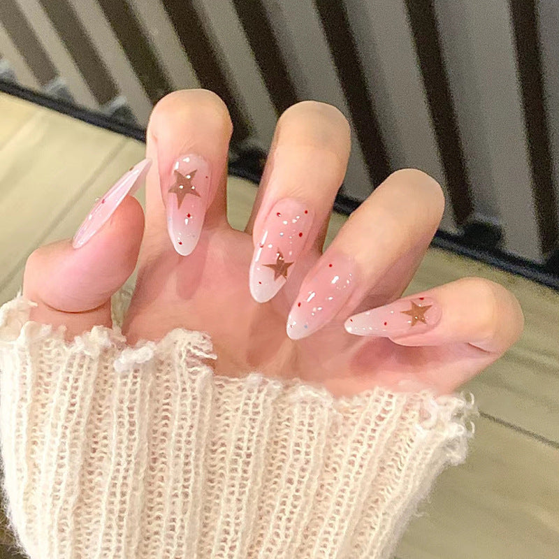 Starlit Dreams Long Almond Pink Glittery Press On Nail Set with Golden Star Accents