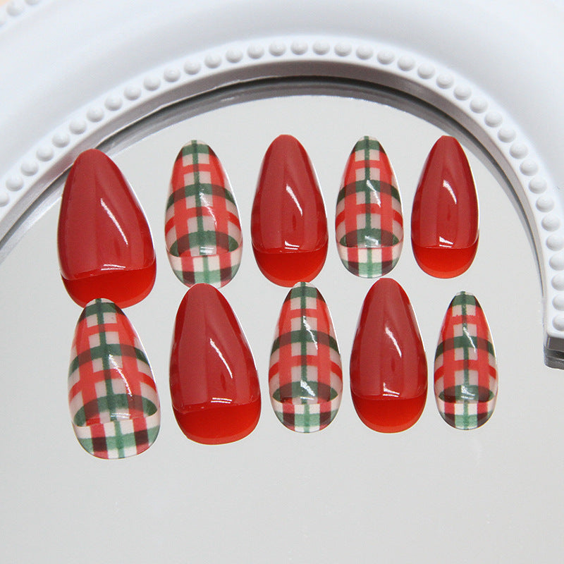 Festive Glamour Red Medium Almond Shaped Press On Nail Set with Plaid Design and Glossy Finish