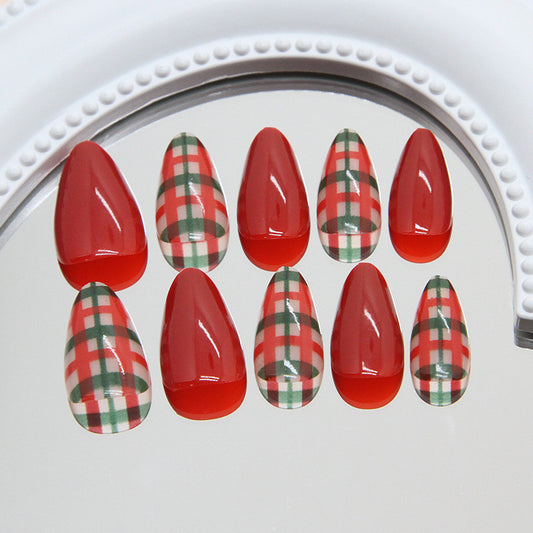 Festive Glamour Red Medium Almond Shaped Press On Nail Set with Plaid Design and Glossy Finish