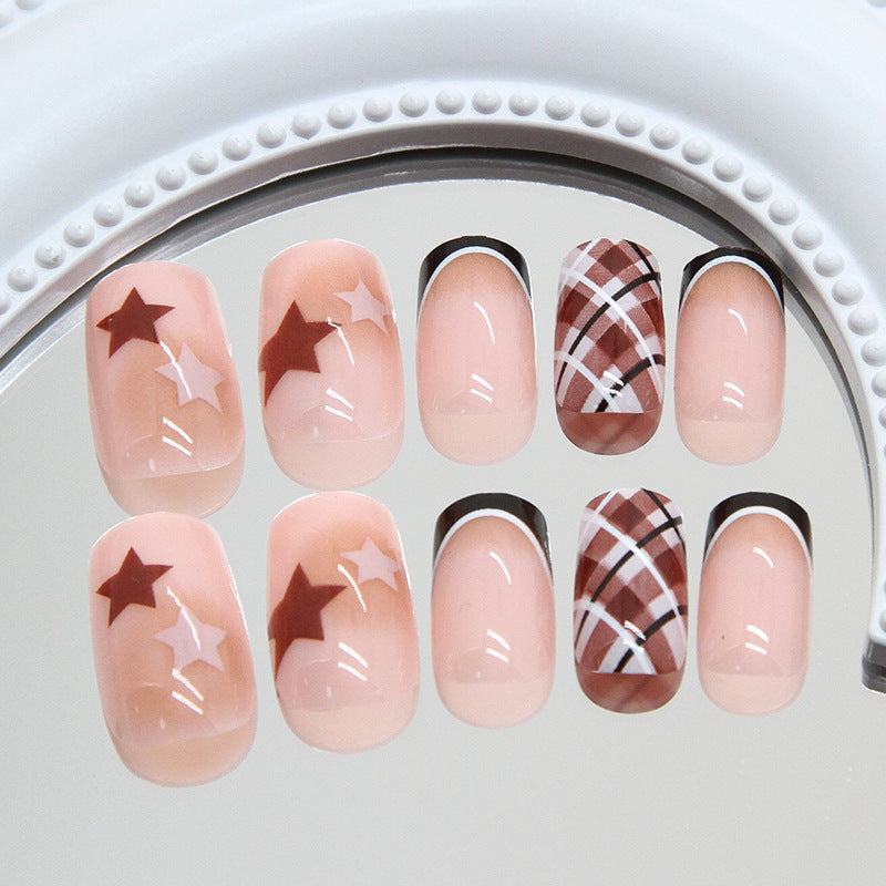 Celestial Charm Short Square Blush Pink Press On Nail Set with Star and Plaid Design
