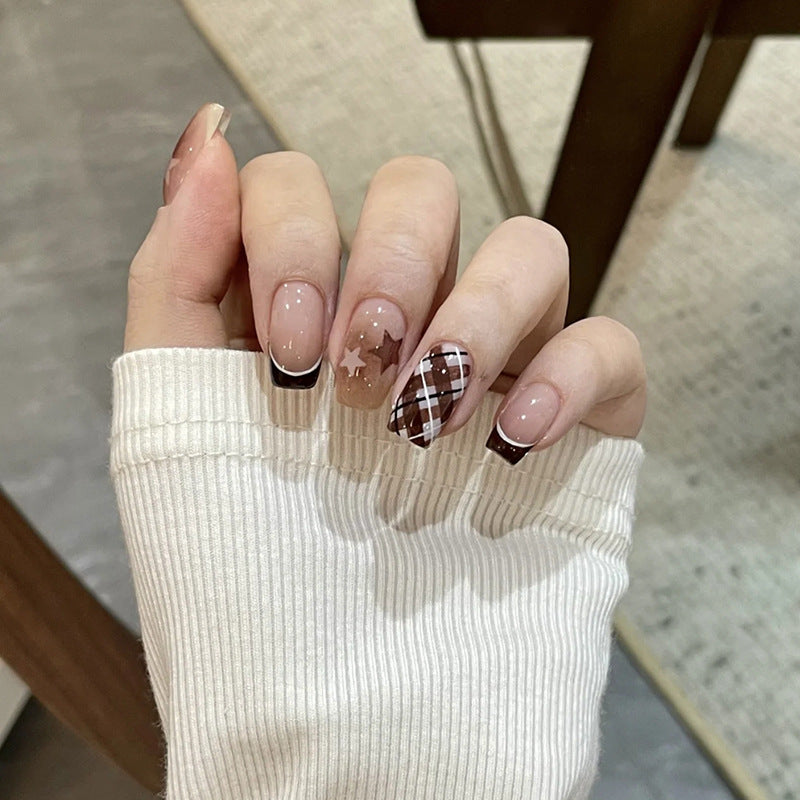 Charming Autumn Vibe Medium Square Beige Brown Press On Nail Set with Starry and Plaid Accents