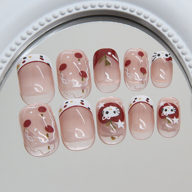Cherry Blossom Dreams Elegant Short Square Shaped Blush Pink Press On Nails with Adorable Kitty Artwork