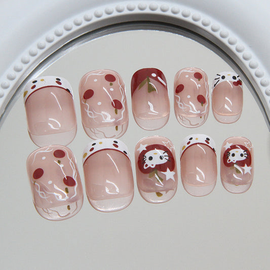 Cherry Blossom Dreams Elegant Short Square Shaped Blush Pink Press On Nails with Adorable Kitty Artwork