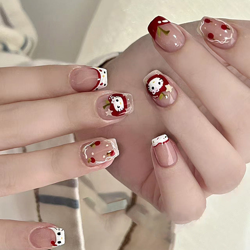 Sweet Dessert Delight Chic Short Square Red and Clear Nail Set with Cute Cherry and Whipped Cream Designs