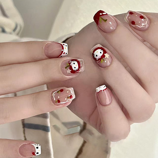 Sweet Dessert Delight Chic Short Square Red and Clear Nail Set with Cute Cherry and Whipped Cream Designs