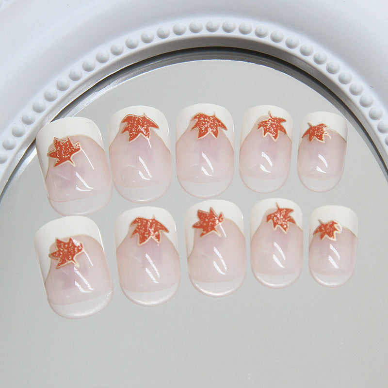 Autumn Bliss Elegant Short Squoval Pink and White Press On Nails with Sparkling Maple Leaf Accent