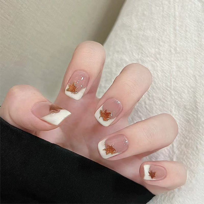 Chic Autumn Bliss Short Square Clear with White Tips and Metallic Leaf Accents Press-On Nail Set