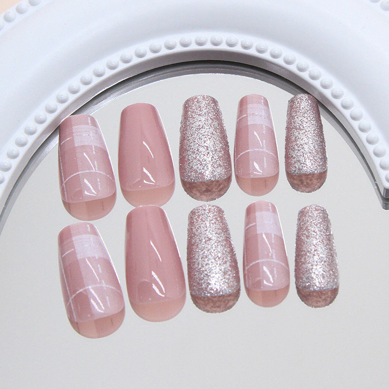 Elegant Garden Dream Medium Coffin Blush Pink Nails with Sparkling Glitter Tips