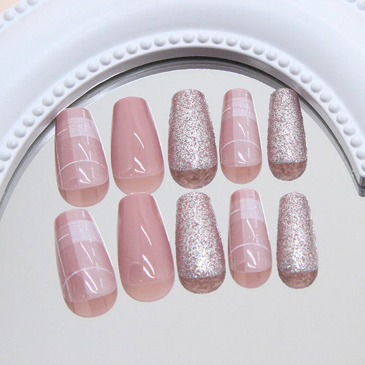 Elegant Garden Dream Medium Coffin Blush Pink Nails with Sparkling Glitter Tips
