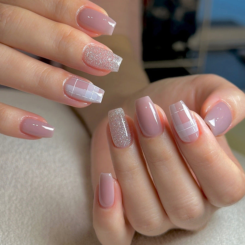 Chic Blossom Medium Coffin Blush Pink Press-On Nail Set with Glitter Accent and Stylish Grid Design