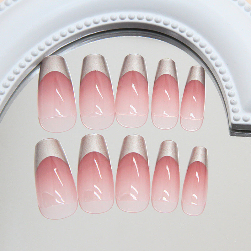 Blush Elegance Long Coffin Pink Gradient Nail Set with Shimmering French Tips