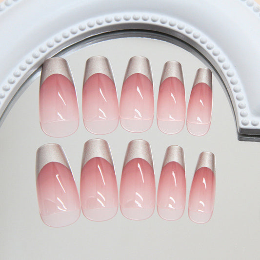 Blush Elegance Long Coffin Pink Gradient Nail Set with Shimmering French Tips
