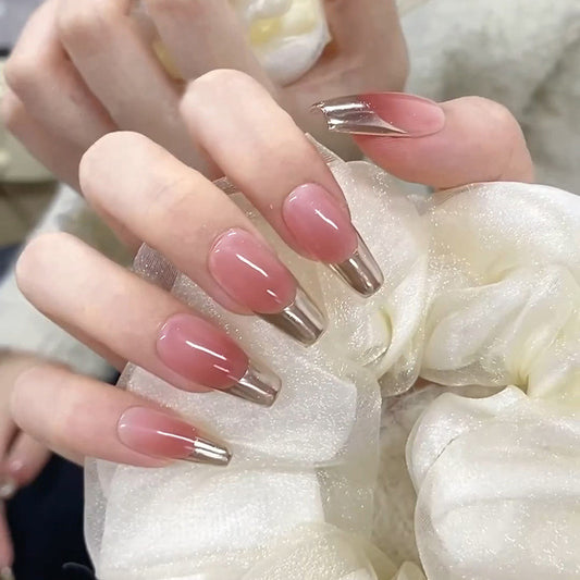 Elegant Mirage Long Coffin Pink Ombre Press on Nail Set with Metallic Tips