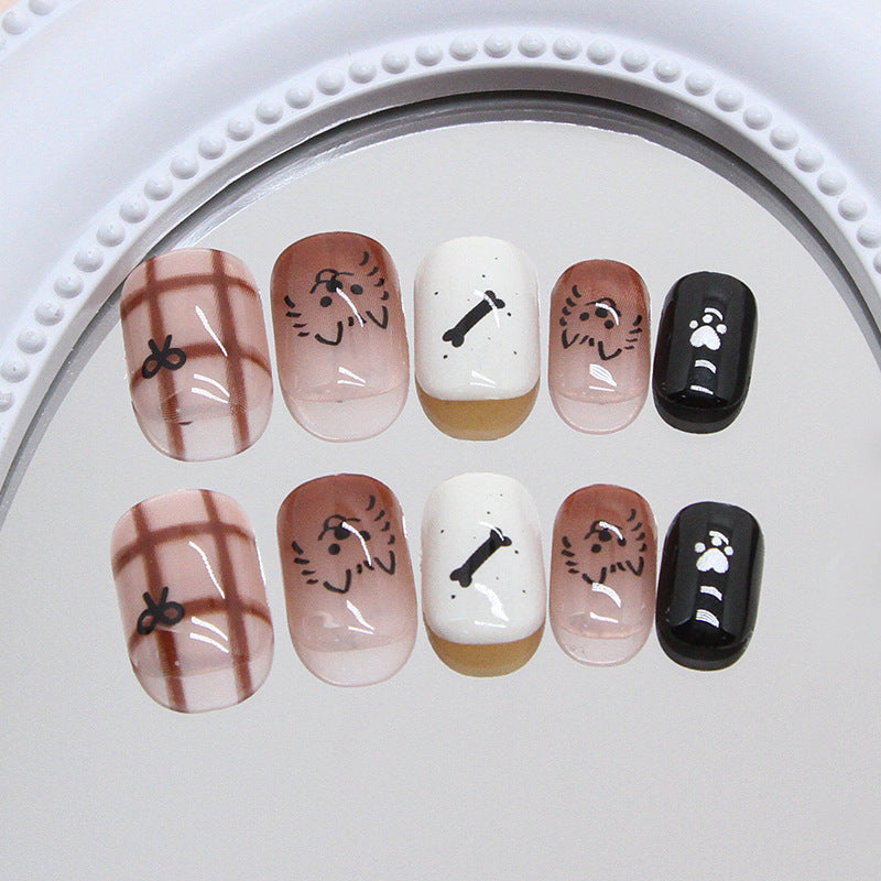 Whimsical Paw Print Short Squoval Beige and Black Press-On Nail Set with Adorable Pet-Themed Designs