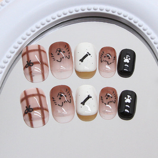Whimsical Paw Print Short Squoval Beige and Black Press-On Nail Set with Adorable Pet-Themed Designs
