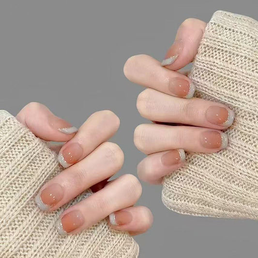 Cozy Autumn Vibes Short Square Beige Nails with Glittery French Tip Charm