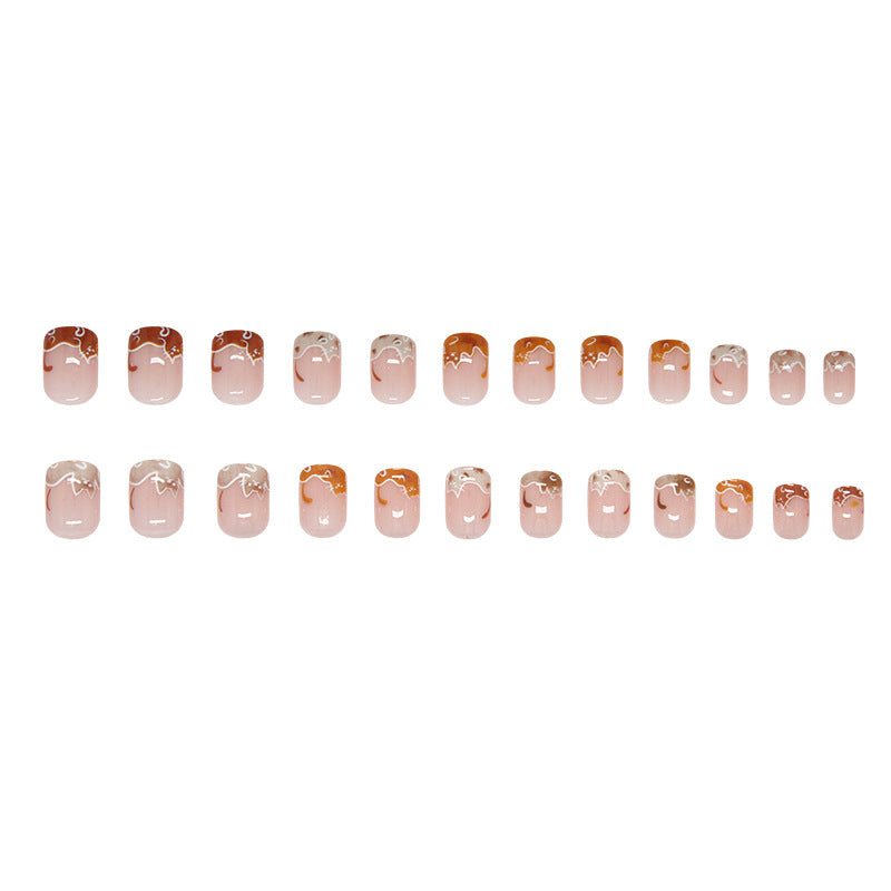 Rustic Elegance Short Squoval Peach Ombre Press-On Nail Set with Delicate White Floral Design