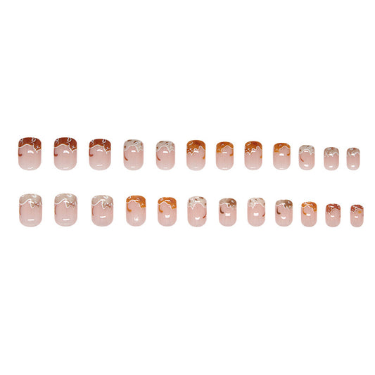 Rustic Elegance Short Squoval Peach Ombre Press-On Nail Set with Delicate White Floral Design