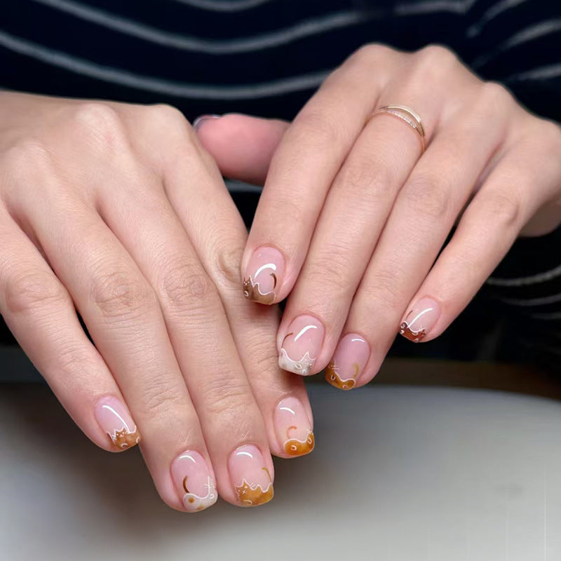 Whimsical Autumn Graceful Short Square Shaped Beige and Brown Gradient Nail Set with Unique Swirl Design
