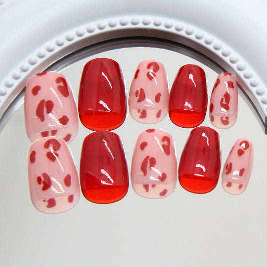 Romantic Blossom Collection Elegant Short Coffin Red and Pink Press On Nail Set with Charming Heart Accents