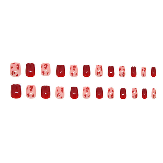 Chic Romance Short Square Red and Pink Leopard Print Press On Nail Set with Heart Accent
