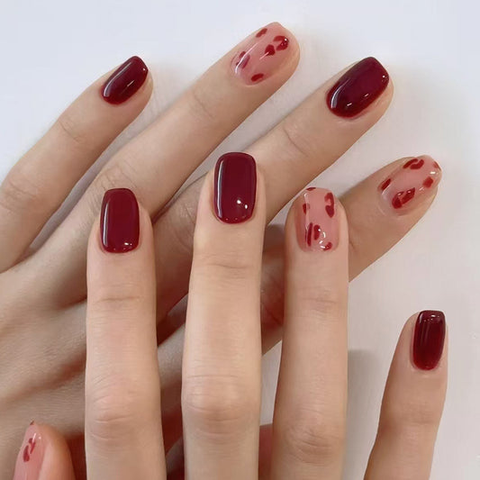 Romantic Evening Glamour Short Square Deep Red and Beige with Artistic Heart Accents Press On Nail Set