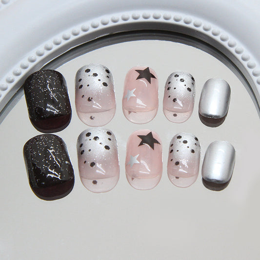 Celestial Dreams Short Square Black and Silver Starry Press On Nail Set with Sparkling Accents