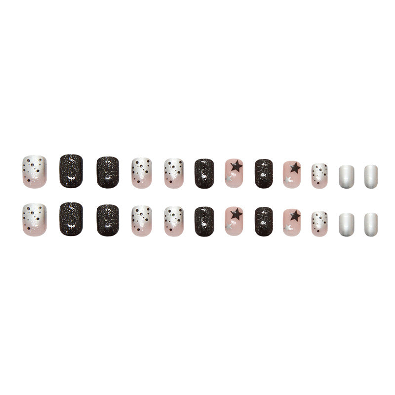 Celestial Glamour Elegant Short Square Glossy Black and Pink Press-On Nail Set with Sparkling Stars and Dazzling Glitter