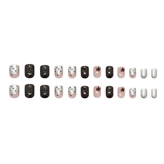 Celestial Glamour Elegant Short Square Glossy Black and Pink Press-On Nail Set with Sparkling Stars and Dazzling Glitter