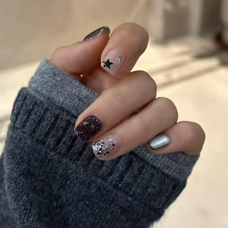 Starry Night Glittery Short Square Press On Nail Set in Deep Purple Silvery Sparkle with Unique Art Accents