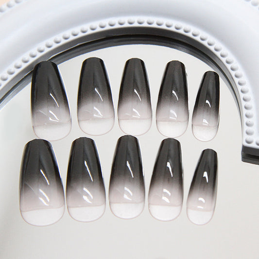 Elegant Ombre Collection Long Coffin Shaped Gradient Black and Clear Press On Nail Set with Glossy Finish