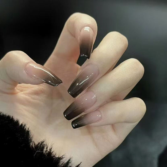 Elegant Ombre Glamour Long Coffin Transparent Brown Gradient Press-On Nail Set with High Shine Finish