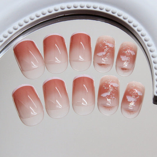 Blossom Grove Elegant Short Square Peach Ombre Nails with Shimmering Floral Accents