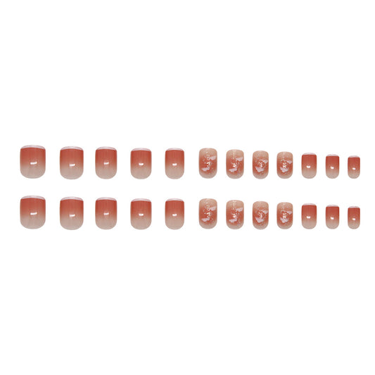 Serene Sunset Short Square Gradient Peach Press On Nail Set with Unique Floral Accent Design