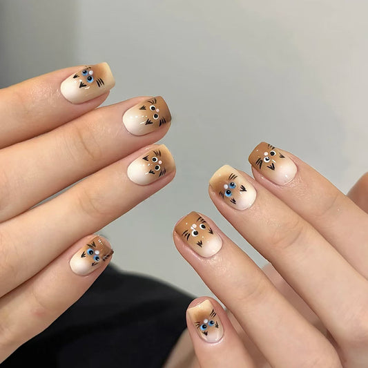 Whimsical Animal Kingdom Short Square Beige Ombre Cat Face Press on Nail Set