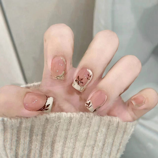 Chic Botanical Elegance Short Square Soft Pink with Floral Accent Press On Nail Set