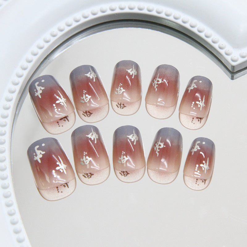 Elegant Serenity Glossy Short Squoval Shaped Ombre Nails with Artistic White Designs