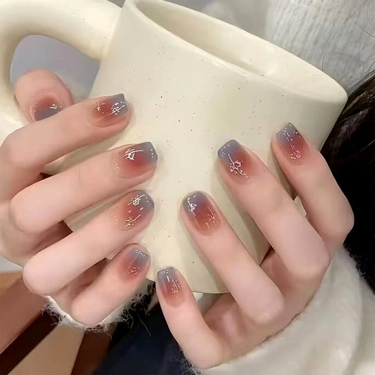 Cozy Autumn Vibes Short Square Gradient Ombre Red and Blue Press On Nail Set with Elegant Gold Foil Accents