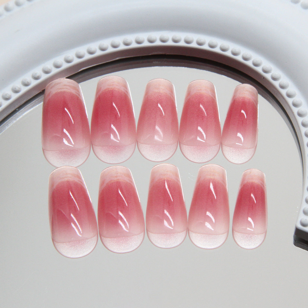 Charming Blossom Natural Medium Coffin Gradient Pink Press On Nail Set with a Shimmering Finish