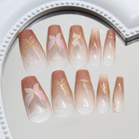 Enchanting Butterfly Elegance Long Coffin Ombre Pink with Shimmering Gold Floral Accents Press on Nail Set