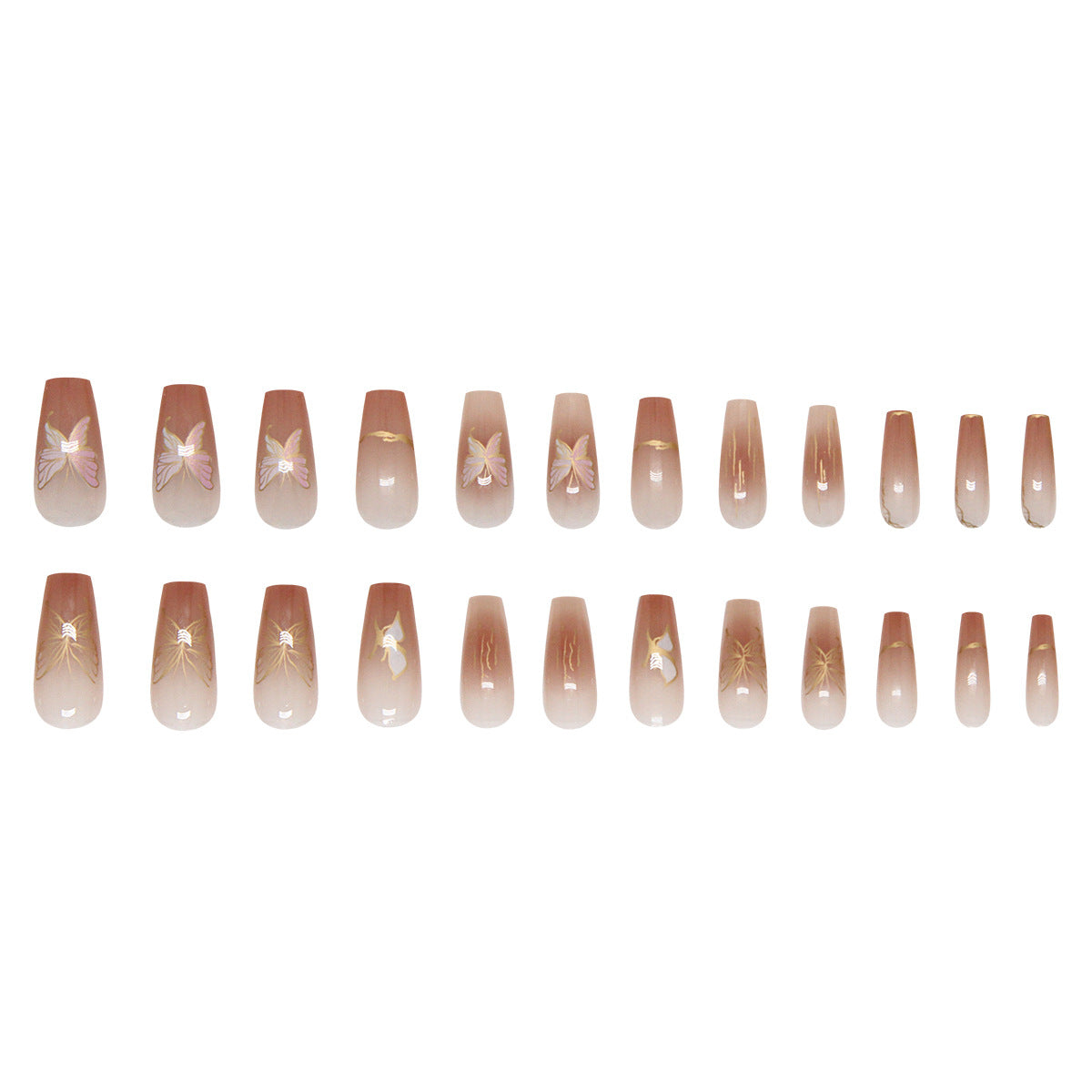 Whimsical Butterflies Long Coffin Beige Press On Nail Set with Unique Floral Accents