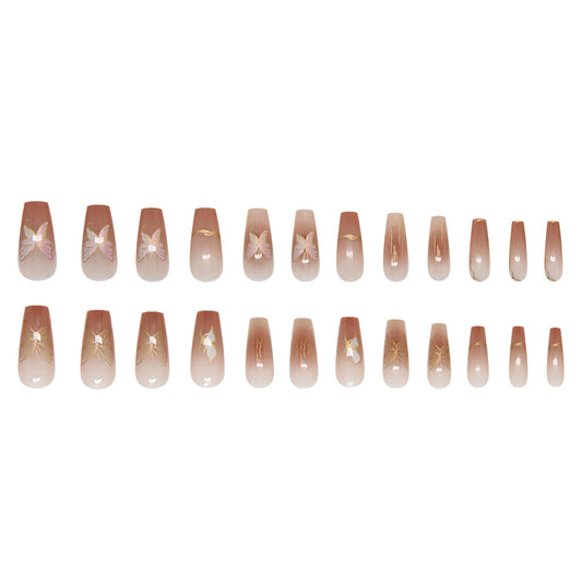 Whimsical Butterflies Long Coffin Beige Press On Nail Set with Unique Floral Accents