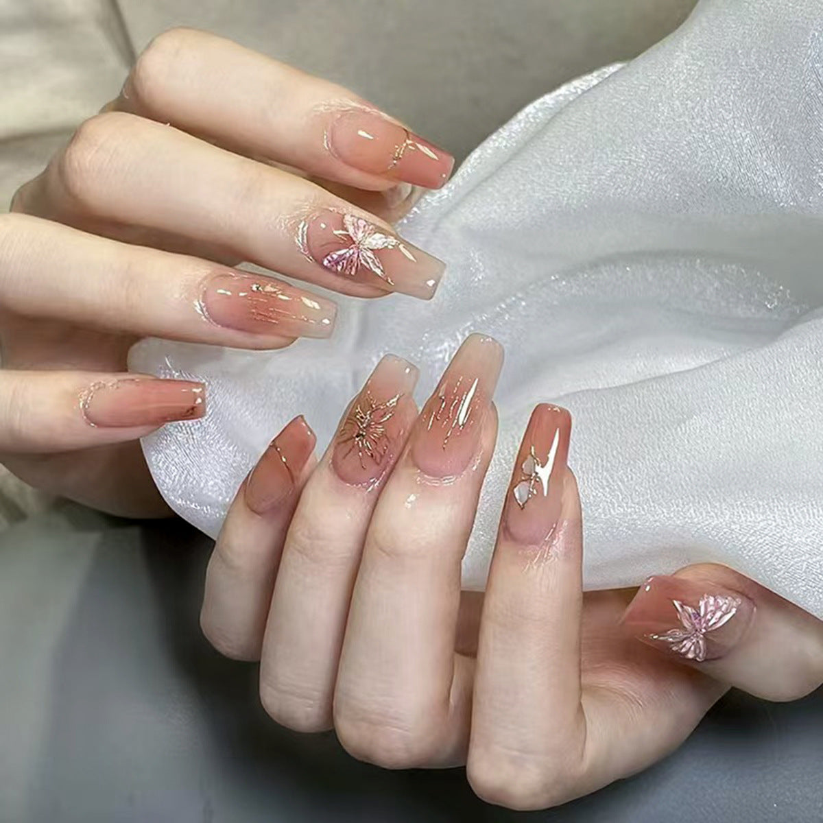 Whimsical Elegance Long Coffin Beige Press On Nail Set with Delicate Butterfly Accents