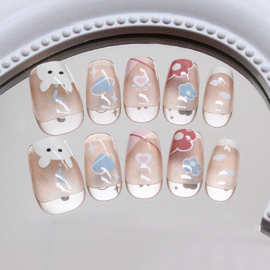 Whimsical Dream Press On Nail Set Short Square Translucent with Cute Cartoon Designs and Playful Colors