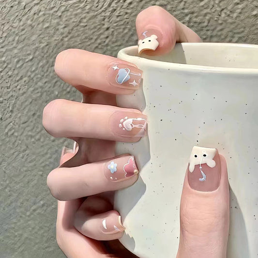Whimsical Galaxies Short Square Pink and Blue Nail Set with Cute Bear Accent
