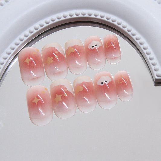 Dreamy Cloud Bliss Short Squoval Blush Pink Press On Nail Set with Whimsical Star and Cloud Designs