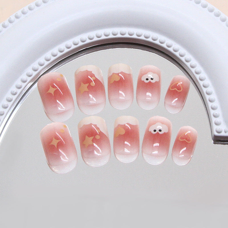 Dreamy Cloud Theme Short Square Pink Ombre Press On Nail Set with Whimsical Star and Heart Accents