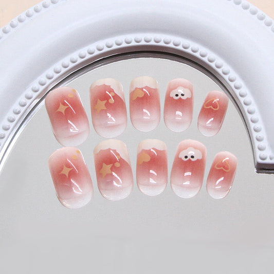 Dreamy Cloud Theme Short Square Pink Ombre Press On Nail Set with Whimsical Star and Heart Accents